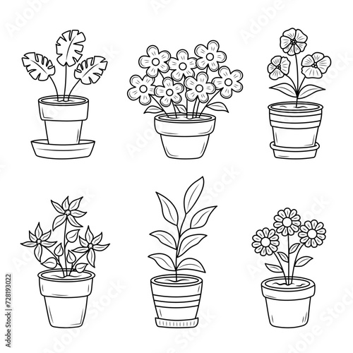 Doodle houseplants set. Coloring page for kids showing plant growing out of pots. Hand drawn vector outline illustration.