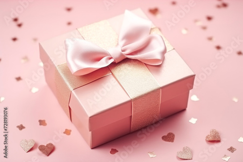 Craft gift box on a pink background, decorated with a textured bow and feathers, creating a romantic luxury atmosphere