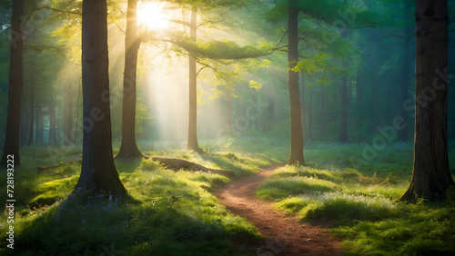 Enchanting Forest Glade with Sunlight Filtering Through Trees