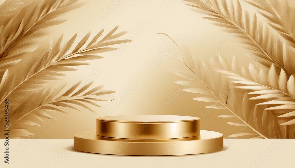 Golden Elegance: 3D Cosmetic Podium on a Nature-Inspired Beige Background for Luxurious Display Golden Elegance: 3D Cosmetic Podium on a Nature-Inspired Beige Background for Luxurious Display