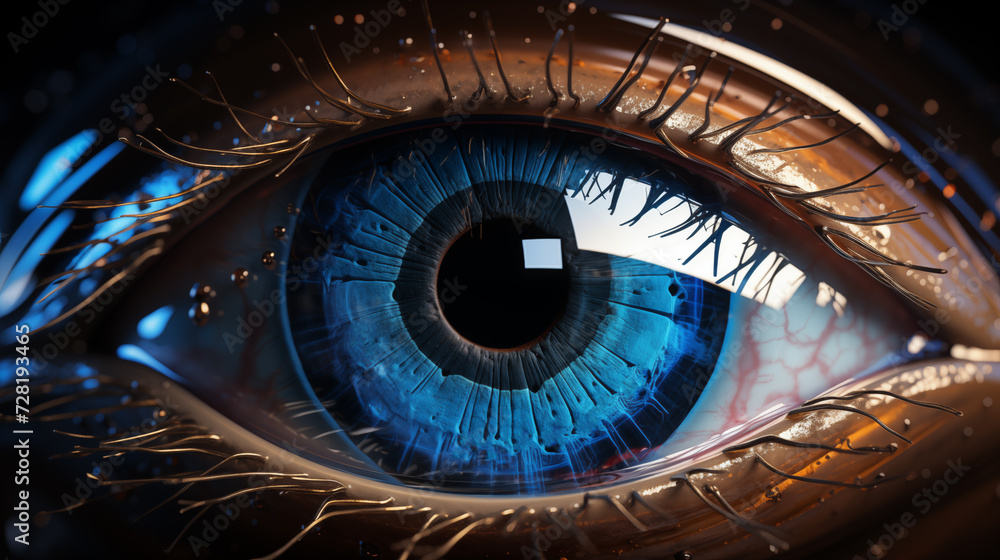 Artificial Intelligence A wide-eyed vision of the future cutting edge technology. Goals for success in the digital world and close up eye anatomy structure See the eye that is the wheel of innovation.
