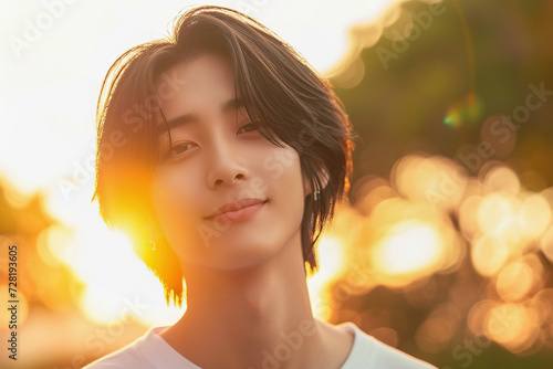 Teen Asian boy with serene expression during sunset in park