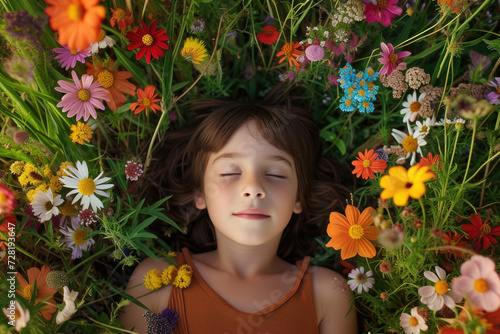 a happy kid lying on flower meadow