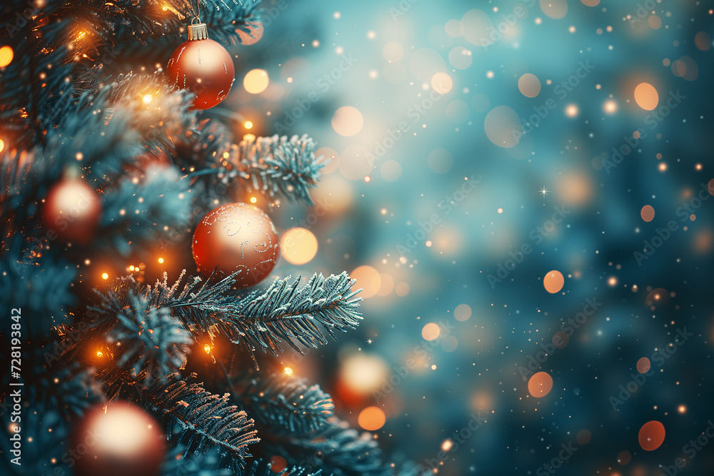 Merry Christmas and new year holidays background. Close up of balls on christmas tree. Bokeh garlands in the background. New Year concept. Merry Christmas and new year holidays background. Close up of balls on christmas tree. Bokeh garlands in the background. New Year concept.