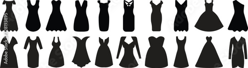 Set of Women dress icons. Female fashion concept. Clothes icons in modern Black Fill styles isolated on transparent background. Signs for mobile concept and web designs. Vintage dresses silhouette.