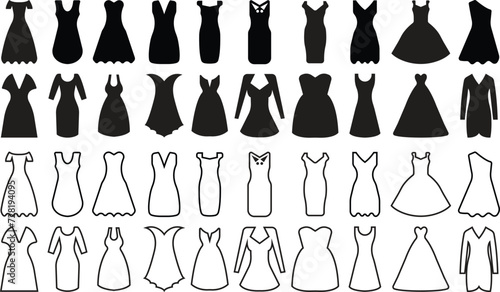 Set of Women dress icons. Female fashion concept. Clothes icons in modern Black Flat styles editable stock on transparent background. Sign for mobile concept and web designs. Vintage dress silhouette.