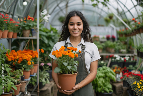 Hispanic female gardener holding pot of flowers at greenhouse yard