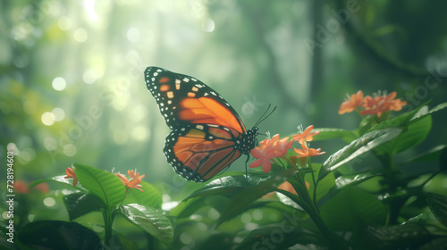 Butterfly perching on a flower with a forest bokeh backdrop. © Bnz