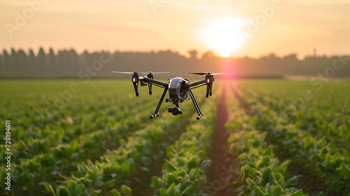 Um drone equipado com sensores voando sobre campos agrícolas monitorando a saúde das colheitas e fornecendo dados valiosos para práticas de agricultura de precisão