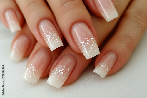 Nail art design for wedding. Close up of beautiful female hands with beautiful manicure in gentle tones with rhinestone. Idea for manicure nail paint, Classic wedding bride nails design.