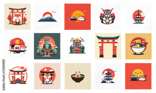 日本の観光とグルメのアイコンデザインのセット