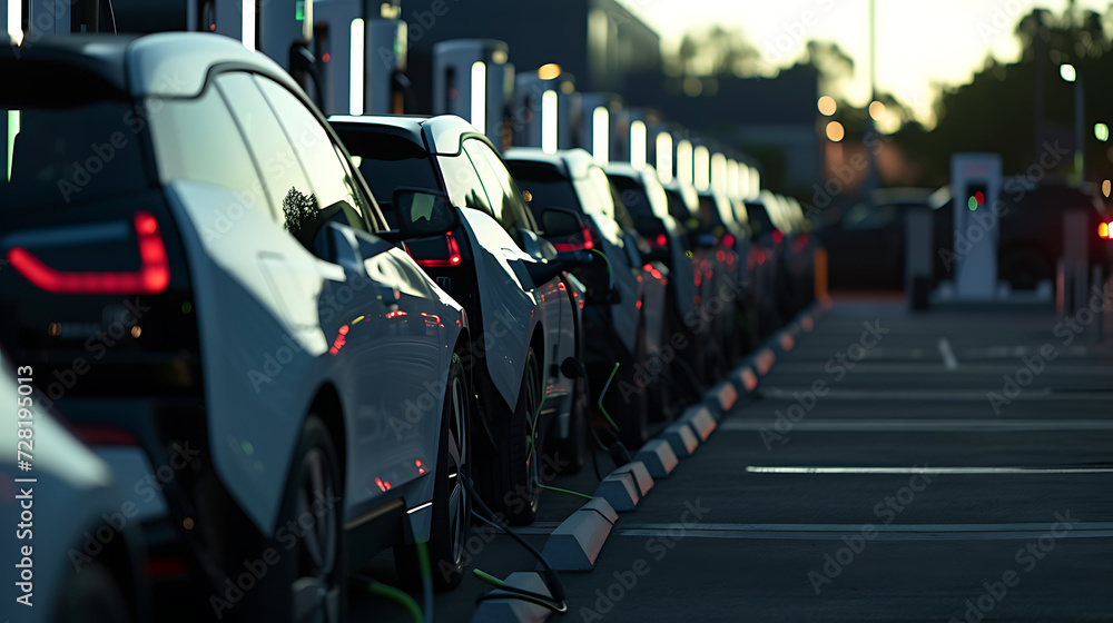 Um frota de veículos elétricos autônomos estacionados em postos de carregamento ilustrando o futuro sustentável do transporte através da tecnologia elétrica e autônoma