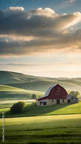 Tranquil Countryside Farm with Rolling Hills and Barn american, american flag, colourful, horizontal, landscaped, liberty, serene, patriotic, calmness, curve, usa, democracy, peaceful, patriotism
