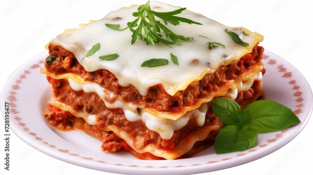 Lasagna on a plate isolated on transparent or white background 
