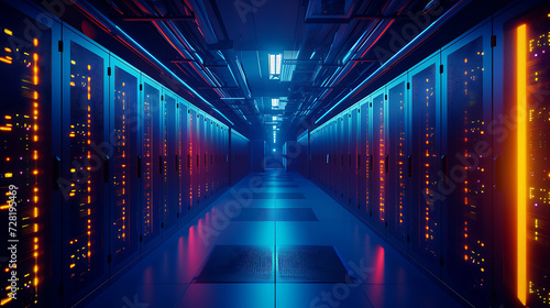 Um centro de dados futurista com fileiras de servidores emitindo um brilho suave representando a espinha dorsal da infraestrutura digital e computação em nuvem © Alexandre