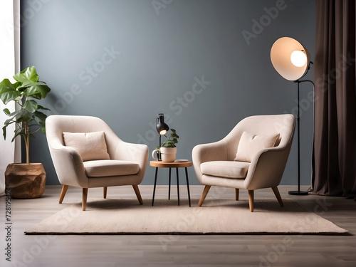 Cosy minimalist studio. Empty studio without people designing. Studio for podcasts or interviews. Stylish studio design. Two comfortable armchairs with lighting and a coffee table design.