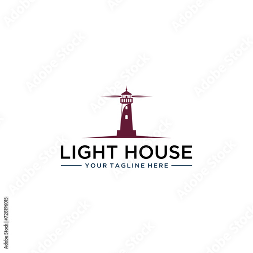 Vector image of lighthouse logo, sea view, blue sky and clouds, globe and mountains