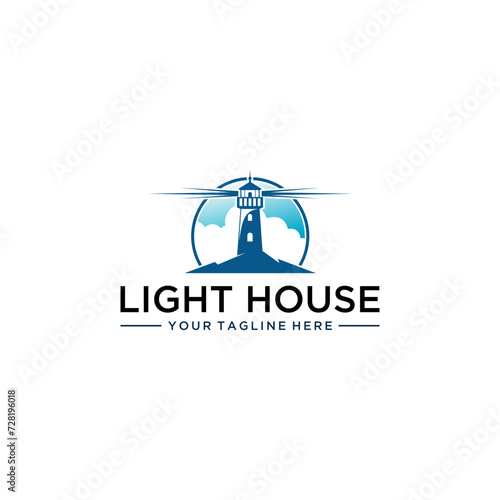 Vector image of lighthouse logo, sea view, blue sky and clouds, globe and mountains