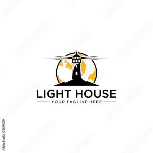 Vector image of lighthouse logo, sea view, blue sky and clouds, globe and mountains