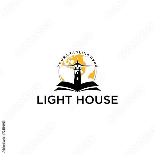 Vector image of lighthouse logo, sea view, blue sky and clouds, globe and mountains