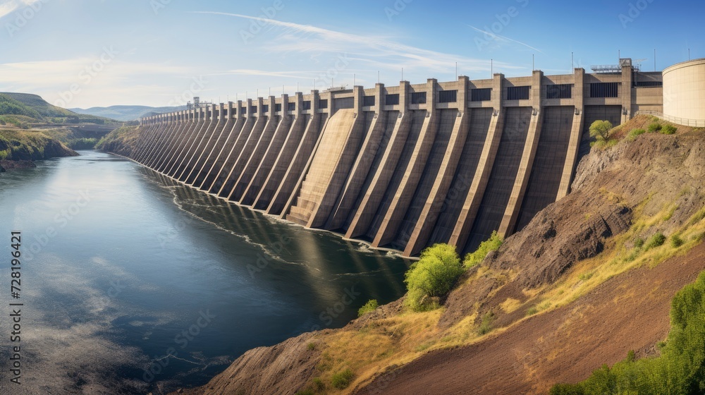 A large hydroelectric dam releasing water, showcasing renewable energy generation in a natural landscape setting. generative ai
