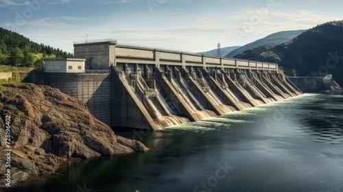 A large hydroelectric dam releasing water, showcasing renewable energy generation in a natural landscape setting. generative ai 
