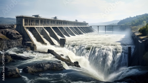 A large hydroelectric dam releasing water  showcasing renewable energy generation in a natural landscape setting. generative ai 