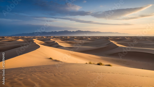 Desert sunset with majestic sand dunes  under a golden sky in Morocco  capturing the essence of a hot and arid summer adventure