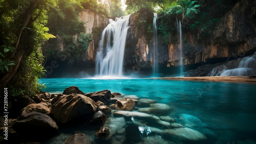 Serene Jungle Cascade: A beautiful waterfall in the lush green forest, where crystal-clear water flows over rocks, creating a picturesque and refreshing natural landscape
