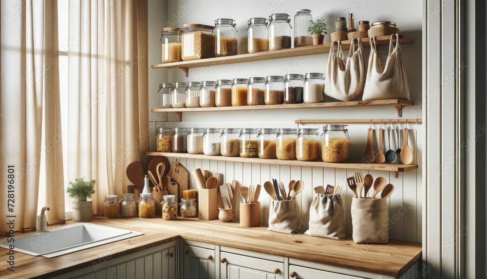 Organized Pantry Shelves with Food Storage