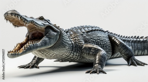 Alligator in studio  open mouth  detailed scales  full body shot  neutral background  wildlife  menacing appearance  reptilian texture