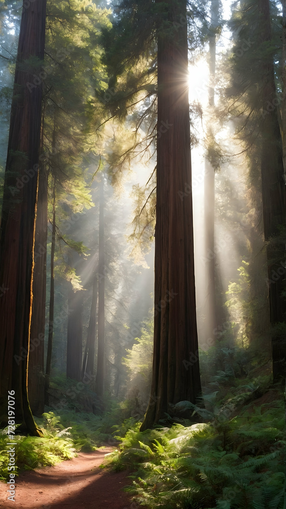 Towering Redwood Forest with Sunlight Filtering Through Canopy
