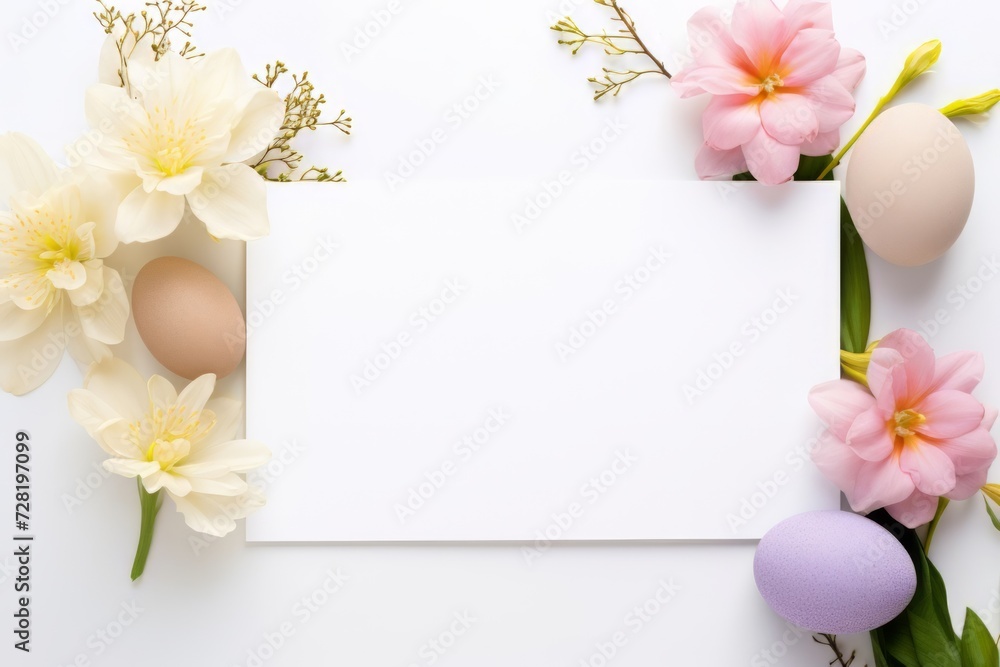 Colorful easter eggs and beautiful flower arranged around blank white invitation paper card. Happy easter day background concept with copyspace Colorful easter eggs and beautiful flower arranged around blank white invitation paper card. Happy easter day background concept with copyspace