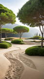 Peaceful Zen Garden with Pruned Trees and Raked Sand
