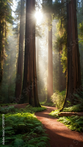 Towering Redwood Forest with Sunlight Filtering Through Canopy 