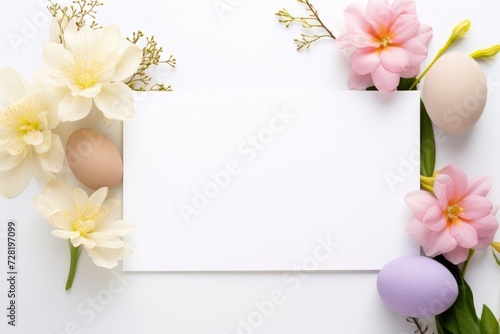 Colorful easter eggs and beautiful flower arranged around blank white invitation paper card. Happy easter day background concept with copyspace