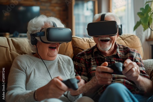 Senior Couple Enjoying Virtual Reality Games at Home.