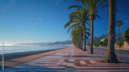 Fototapeta Naklejka Na Ścianę i Meble -  Palm-Lined Promenade by the Sea at Sunrise: empty promenade, coastline, coastal