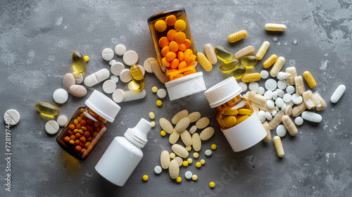 Colorful bottles filled with an array of pills and vitamins create a vibrant mosaic. Each container holds a unique blend, promising wellness in every hue.