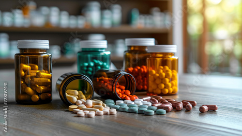 Colorful bottles filled with an array of pills and vitamins create a vibrant mosaic. Each container holds a unique blend, promising wellness in every hue. photo