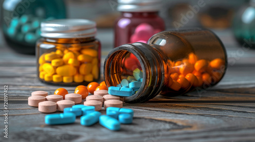Colorful bottles filled with an array of pills and vitamins create a vibrant mosaic. Each container holds a unique blend, promising wellness in every hue.