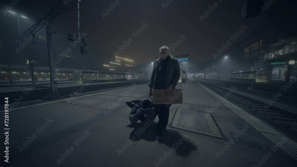Elderly Homeless Man Suffering from Poverty Looking for Help at Train Station Elderly Homeless Man Suffering from Poverty Looking for Help at Train Station