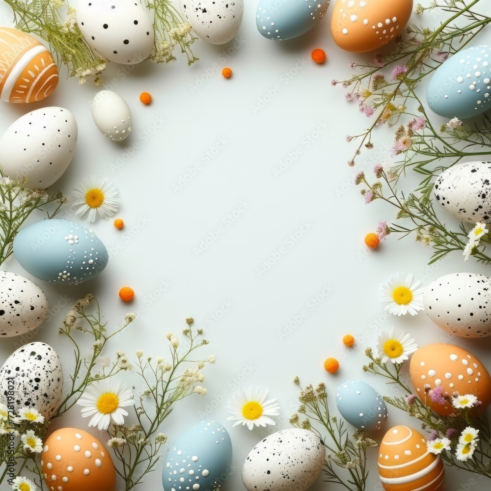 Colorful easter eggs and beautiful flower arranged and isolated on white background. Happy easter day background concept.