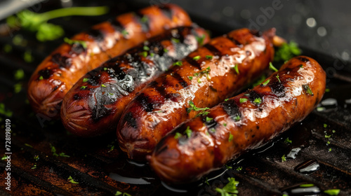 Perfectly charred grilled sausages glistening with droplets of juice and topped with a sprinkle of aromatic herbs.