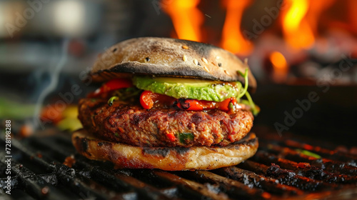 A plantbased patty sizzles on the grill exuding a smoky aroma as it cooks to perfection. Served on a flamegrilled whole wheat bun it is topped with avocado roasted bell peppers