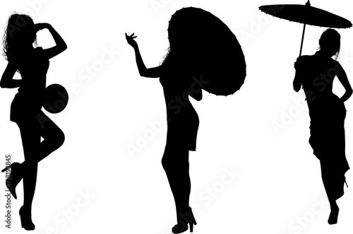 silueta, gente, mujer, vector, china, japon, kimono, pose, abanico