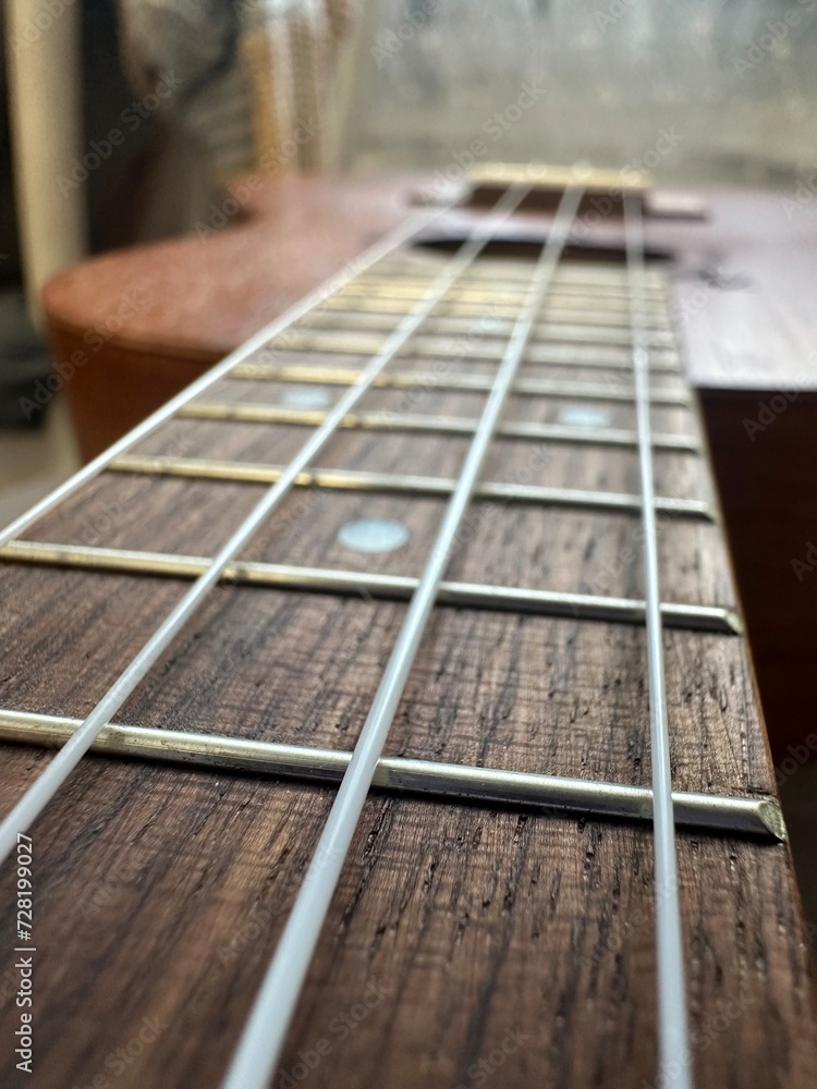 four strings ukulele guitar closeup on blurred background four strings ukulele guitar closeup on blurred background