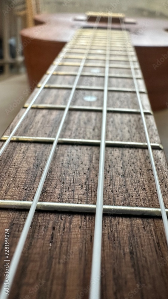 four strings ukulele guitar closeup on blurred background four strings ukulele guitar closeup on blurred background
