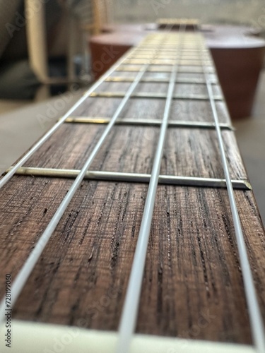 four strings ukulele guitar closeup on blurred background