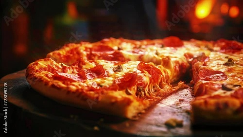 Hot pizza slices with peperoni and melted mozzarella cheese  photo